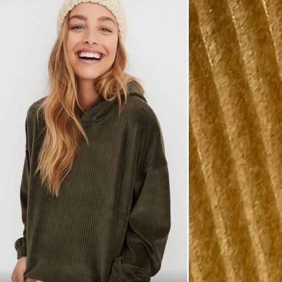 Aerie Womens Groove On Velour Hoodie Large Olive Brown Ribbed Cozy Loungewear - Picture 1 of 13